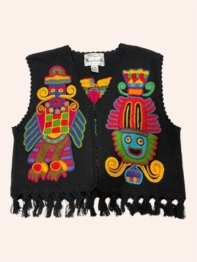 Vintage Hand-Knit Cotton Vest with Bright Multicolor Folk Appliqué Large